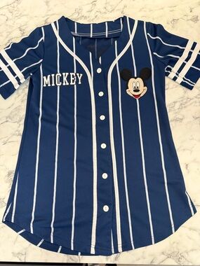 Disney Mickey Navy Blue Striped Baseball Jersey Top